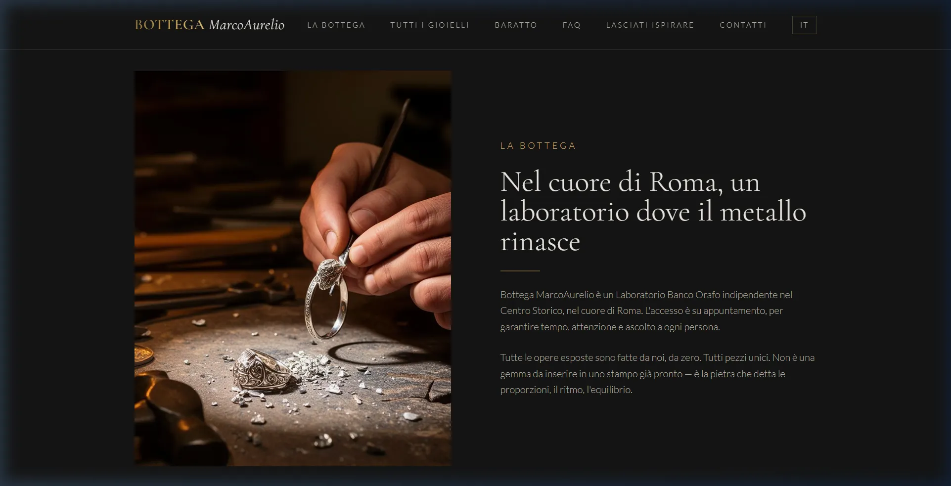 Goldsmith hands shaping a silver ring at the bench — Rome workshop