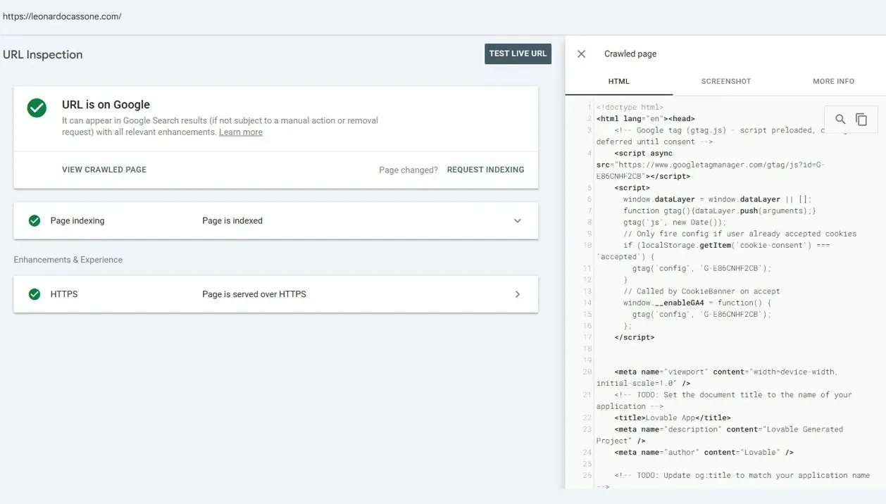 Google Search Console showing URL is indexed and crawled page HTML